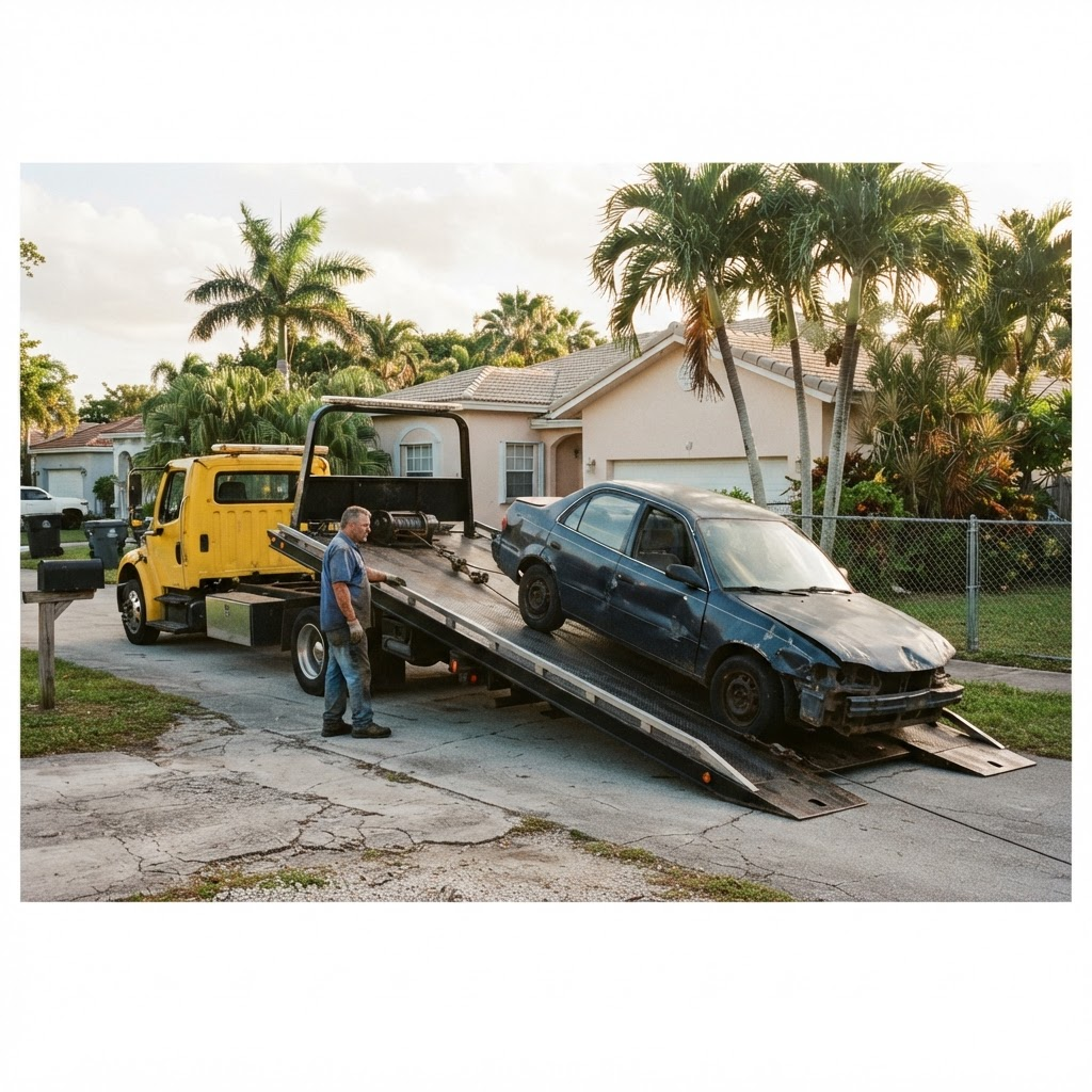 Flatbed tow truck loading a junk car in a South Florida driveway